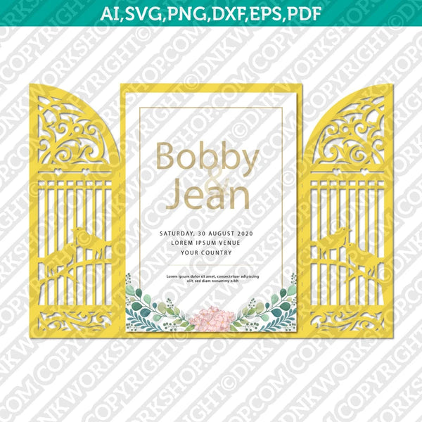 BirdCage Birds Gate Fold Wedding Invitation Template Quinceanera Christening SVG Laser Cut File Vector Cricut Silhouette Cameo Clipart Png Dxf Eps