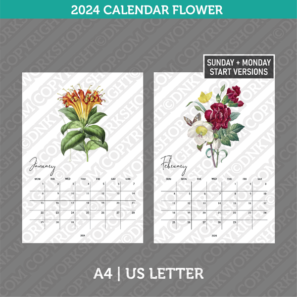 Flower Calendar Printable 2024 PDF | A4 & US Letter - Monday Sunday