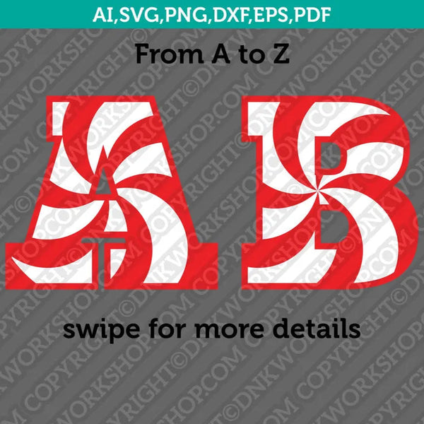 Candy Cane Christmas Letters Font Alphabet Lettering Party SVG Vector Silhouette Cameo Cricut Cut File Clipart Png Eps Dxf