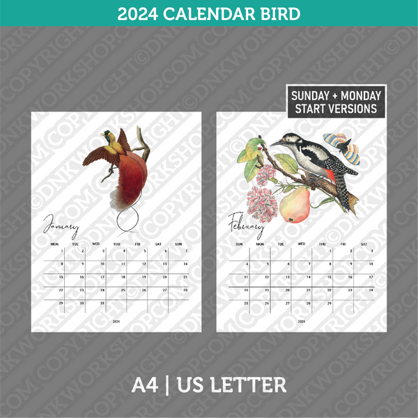 Bird Calendar 2024 Printable PDF | A4 & US Letter - Monday Sunday