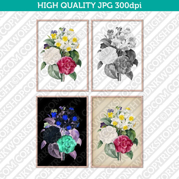 Retro Classic Vintage Printable Wall Art Watercolor Painting Botanical Flower Narcissus Camellia Pansy Plant