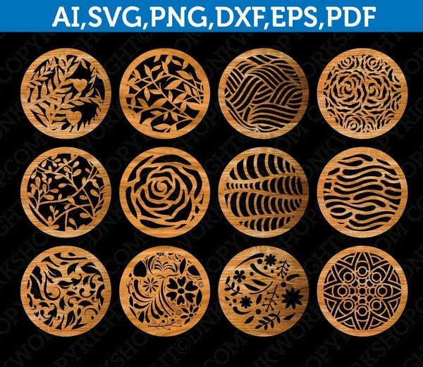 12 Coaster Floral Flower Ornament Leaf Template SVG Earring Laser Cut File Decorative Panel Cricut Dxf Eps Png Pdf RE02