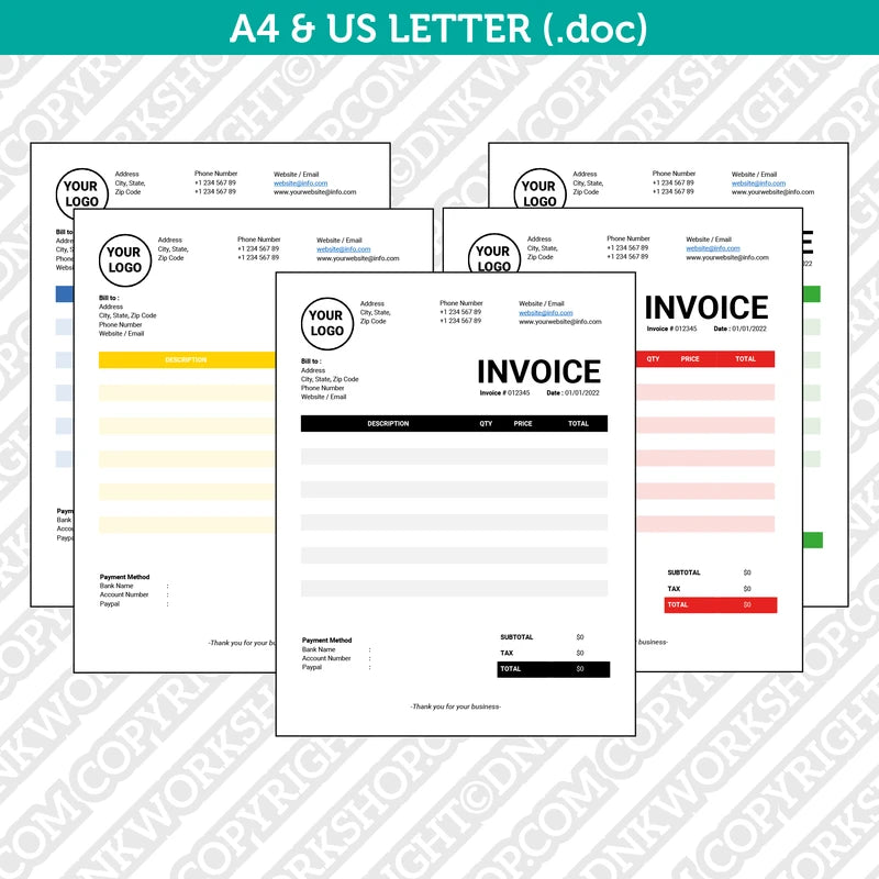 Editable Invoice Template Word - Printable Bill Receipt | A4 & US Lett ...