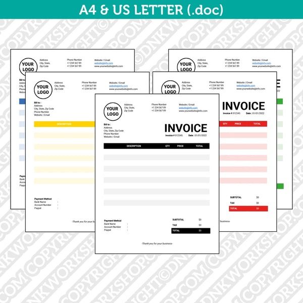 Editable Invoice Template Word - Printable Bill Receipt | A4 & US Letter