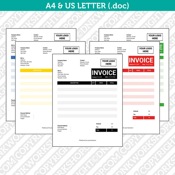 Invoice Template Word - Printable Bill Receipt | A4 & US Letter