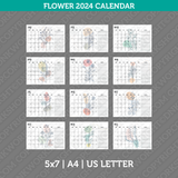 Flower Calendar 2024 Printable PDF | 5x7 | A4 | US Letter - Sunday Monday