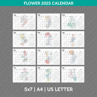 Flower Calendar 2025 Printable PDF | 5x7 | A4 | US Letter - Sunday Monday