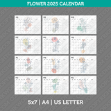 Flower Calendar 2025 Printable PDF | 5x7 | A4 | US Letter - Sunday Monday