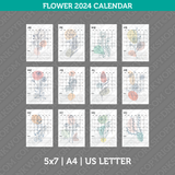 Flower Calendar 2024 Printable PDF | A4 & US Letter - Sunday Monday