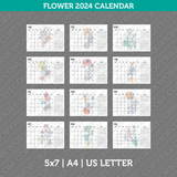 Flower Calendar 2024 Printable PDF | 5x7 | A4 | US Letter - Sunday Monday