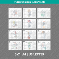 Flower Calendar 2025 Printable PDF | 5x7 | A4 | US Letter - Sunday Monday