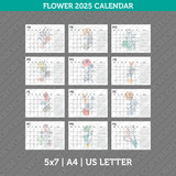 Flower Calendar 2025 Printable PDF | 5x7 | A4 | US Letter - Sunday Monday