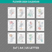 Flower Calendar 2024 Printable PDF | A4 & US Letter - Sunday Monday