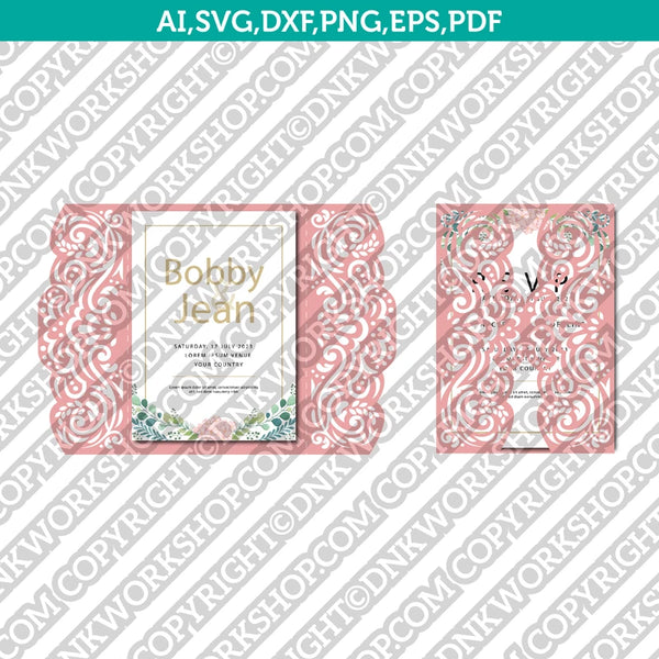 Gate Fold Wedding Invitation Template Quinceanera Christening Envelope Silhouette Cameo Cricut SVG Clipart Png Eps Dxf Laser Cut File