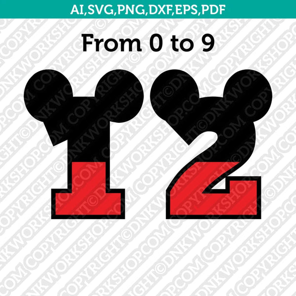 Mickey Mouse Numbers SVG Cut File Cricut Vector Sticker Decal Silhouette Cameo Dxf PNG Eps