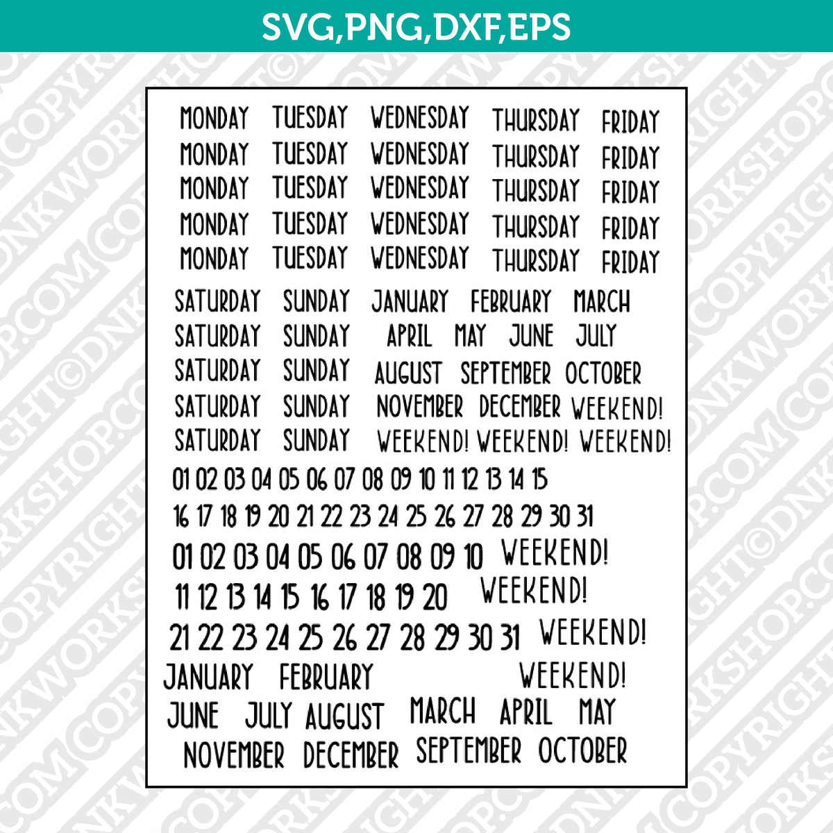 Printable Planner Date Stickers PDF SVG | Days & Months Set – DNKWorkshop