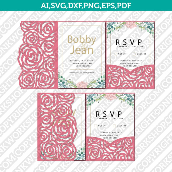 Rose Leaves Leaf Floral Flower Wedding Invitation Pocket Template Envelope Quinceanera SVG Laser Cut File Cricut Silhouette Cameo Eps Dxf Vector