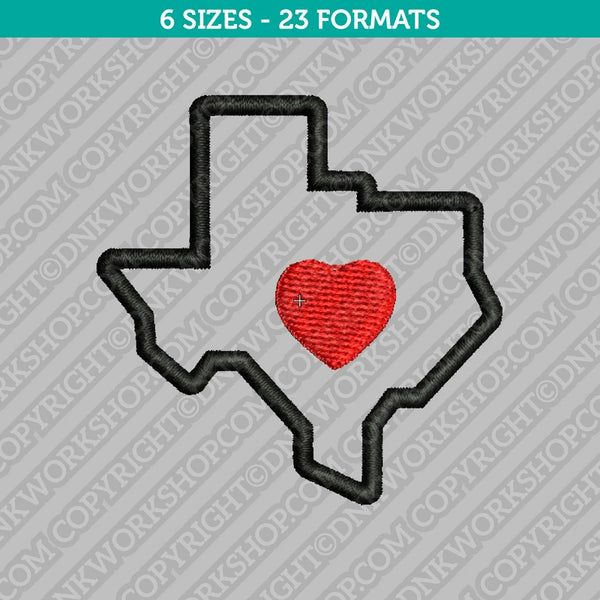 Texas State Map Heart Outline Embroidery Design - 6 Sizes - INSTANT DOWNLOAD