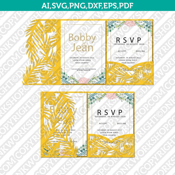Tropical Leaves Leaf Floral Flower Wedding Invitation Pocket Template Envelope Quinceanera SVG Cut File Cricut Vector Silhouette Cameo Dxf PNG Eps