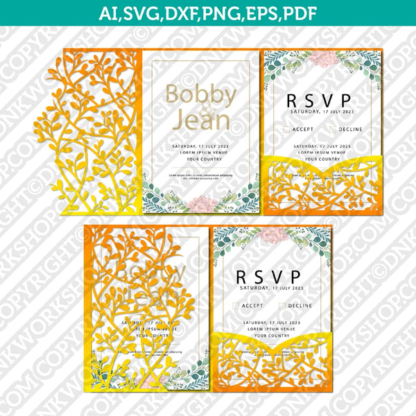 Tropical Leaves Leaf Floral Flower Wedding Invitation Pocket Template Envelope Quinceanera SVG Laser Cut File Cricut Silhouette Cameo Eps Dxf Vector