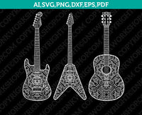 Ornament Zentangle Guitar SVG Silhouette Cameo Cricut Laser Cut File Clipart Png Eps Dxf