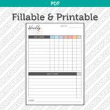 Weekly Chore Chart Kid Template Editable Printable PDF