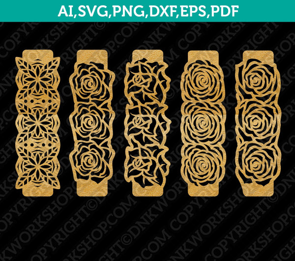 Rose-Flower-Floral-Leaf-Leaves-Ornate-Cuff-Leather-Bracelet-Template-SVG-Jewelry-Laser-Cut-File-Cricut
