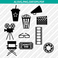 Cinema Movie Theme 3d glasses Camcorder Camera lens Clapperboard Directors Chair Drink Movie directors bullhorn Movie tape Popcorn Ticket SVG Silhouette Cameo Vector Cricut Cut File Clipart