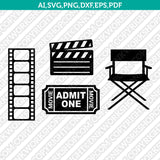 Cinema Movie Theme 3d glasses Camcorder Camera lens Clapperboard Directors Chair Drink Movie directors bullhorn Movie tape Popcorn Ticket SVG Silhouette Cameo Vector Cricut Cut File Clipart