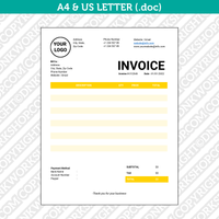 Editable Invoice Template Word - Printable Bill Receipt | A4 & US Letter