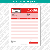Editable Invoice Template Word - Printable Bill Receipt Digital Order Form | A4 & US Letter