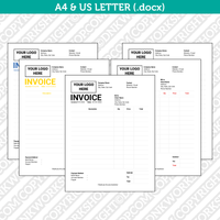 Invoice Template Word - Printable Bill Receipt Digital Order Form | A4 & US Letter