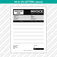 Editable Invoice Template Word - Printable Bill Receipt Digital Order Form | A4 & US Letter