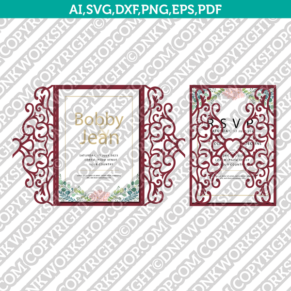 Gate Fold Heart Wedding Invitation Template Quinceanera Christening Envelope Silhouette Cameo Cricut SVG Clipart Png Eps Dxf Laser Cut File