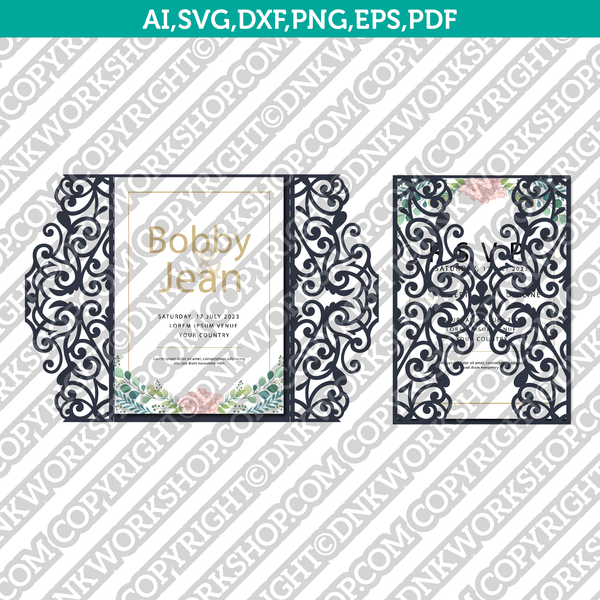 Gate Fold SVG Wedding Invitation Template Quinceanera Christening Envelope Cutting File Silhouette Cameo Cricut SVG Clipart Png Eps Dxf Laser Cut File
