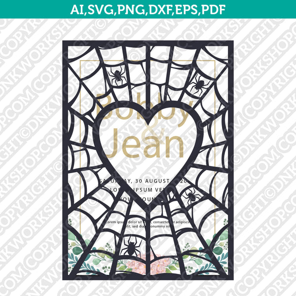 Gothic Spider web Halloween Gate Fold Lace Wedding Invitation Template Quinceanera Christening SVG Laser Cut File Cricut Vector Silhouette Cameo Dxf PNG Eps