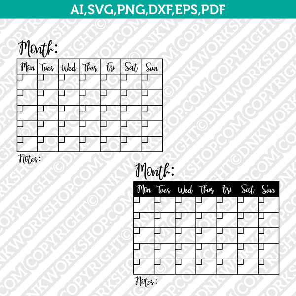 Hand Drawn Monthly Calendar Svg Reusable Calendar with Days Dry Erase Rustic Calendar Silhouette Cameo Cricut Cut File Clipart Png Eps Dxf vector