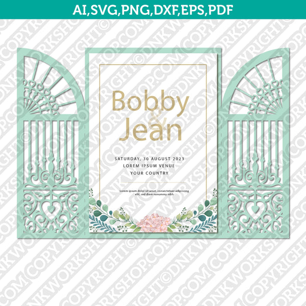 Lace Gate Fold Wedding Invitation Template Quinceanera Christening SVG Laser Cut File Vector Cricut Silhouette Cameo Clipart Png Dxf Eps