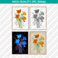 Retro Classic Vintage Printable Wall Art Watercolor Painting Botanical Flower California Poppies Golden Poppy California Sunlight Plant