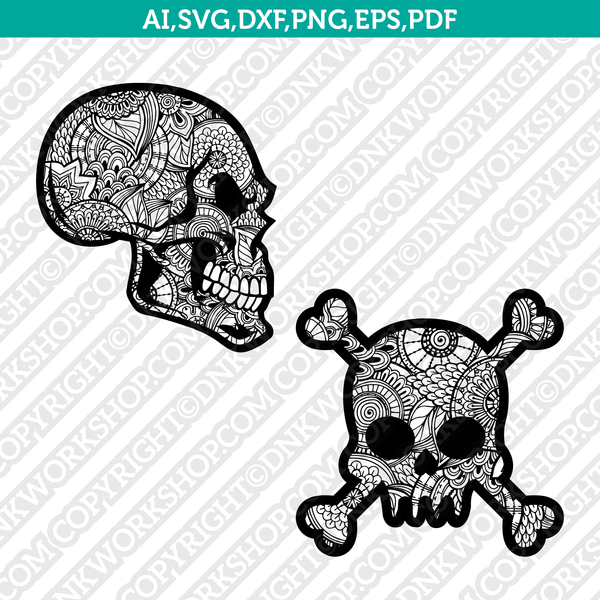 Skeleton Skull Halloween Zentangle SVG Laser Cut File Cricut Silhouette Cameo Clipart Png Eps Dxf Vector