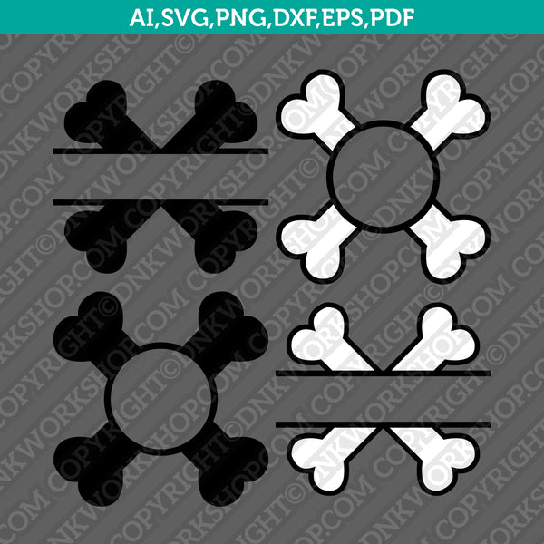 Skull Bones Crossbones Split Monogram Frame SVG Vector Silhouette Cameo Cricut Cut File Clipart Dxf Png Eps
