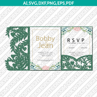 Tropical Leaves Heart Wedding Invitation Pocket Template Envelope Quinceanera Christening SVG Laser Cut File Cricut Silhouette Cameo Eps Dxf Vector