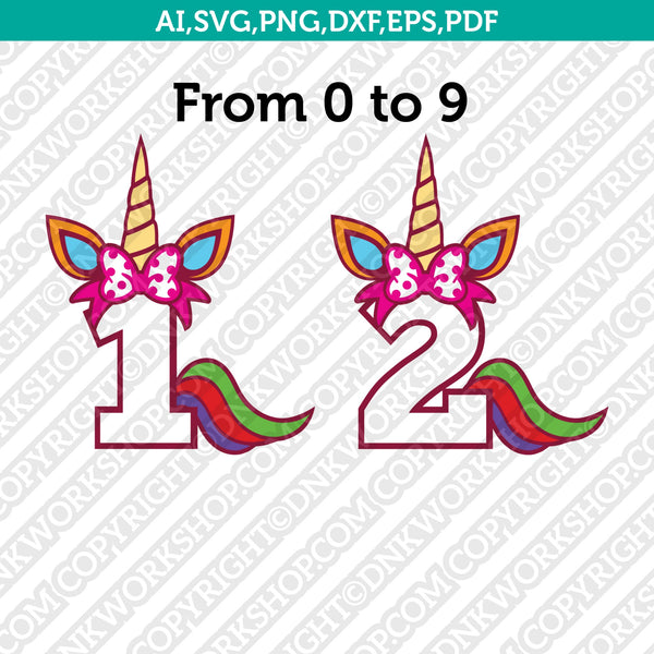 Unicorn Birthday Party Girl Numbers SVG Cut File Cricut Vector Sticker Decal Silhouette Cameo Dxf PNG Eps